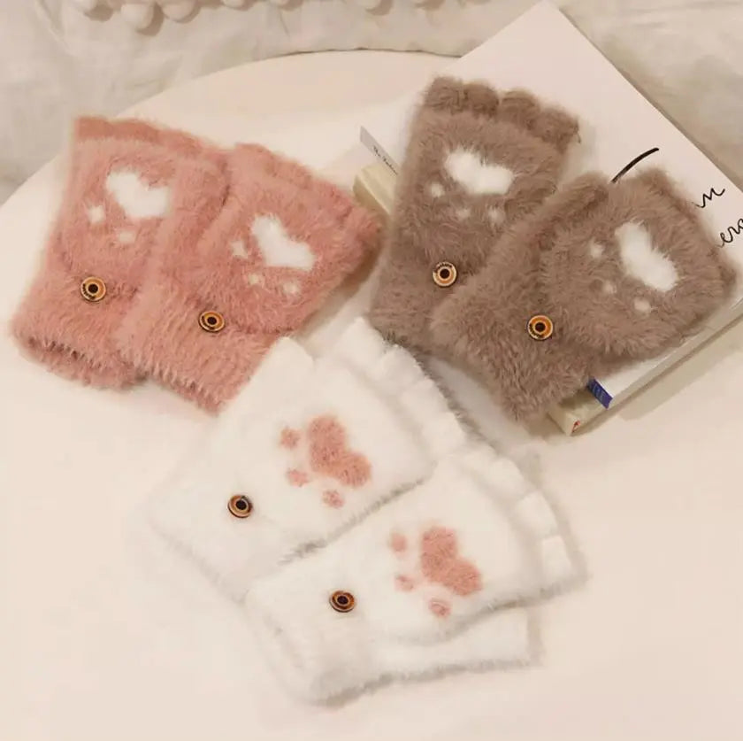 Damen Fingerlose Handschuhe, flauschig, Herzmuster, rosa, braun, weiß, Wintermode Accessoire.