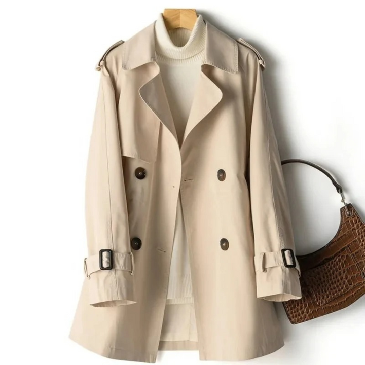 Beiger Damen-Trenchcoat, zweireihig, mit Gürtel, Herbstmode, eleganter Mantel.