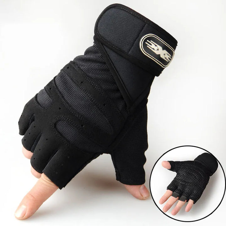 Schwarzer Fitness-Handschuh, halbfinger, atmungsaktiv, für Krafttraining und Gewichtheben.