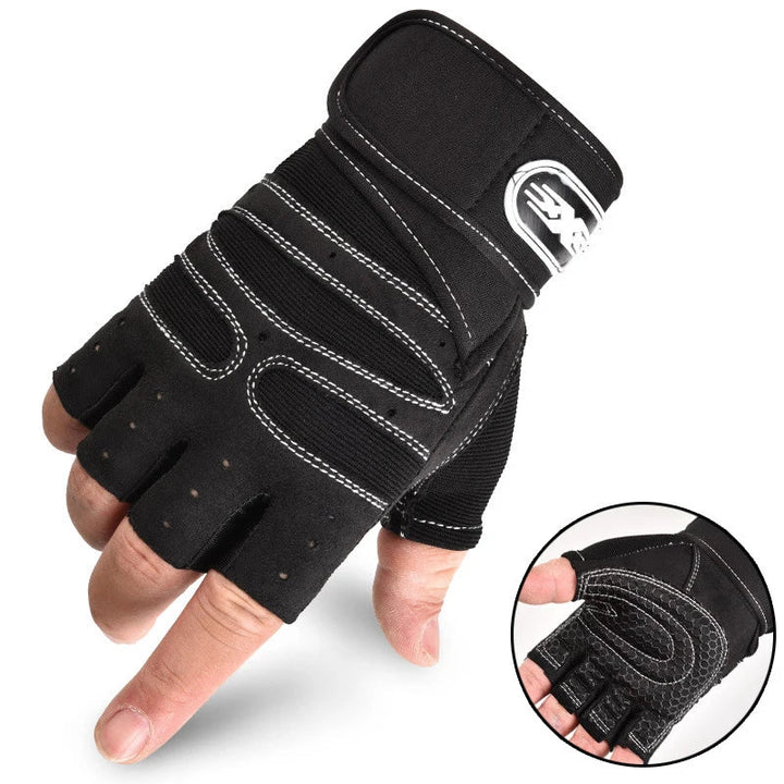 Schwarze Fitness-Handschuhe, halbfinger, rutschfest, atmungsaktiv, für Krafttraining.