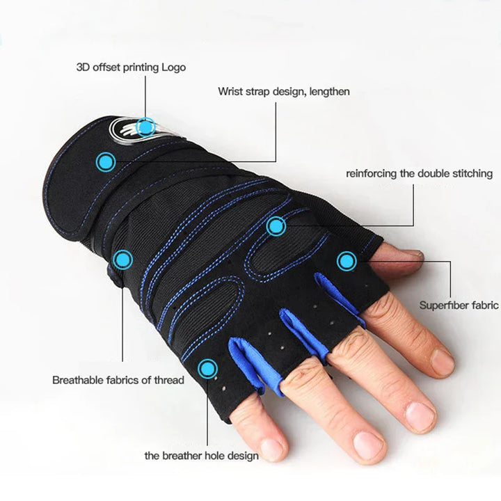 Schwarzer Fitness-Handschuh mit blauen Nähten, atmungsaktivem Material und Handgelenkriemen.