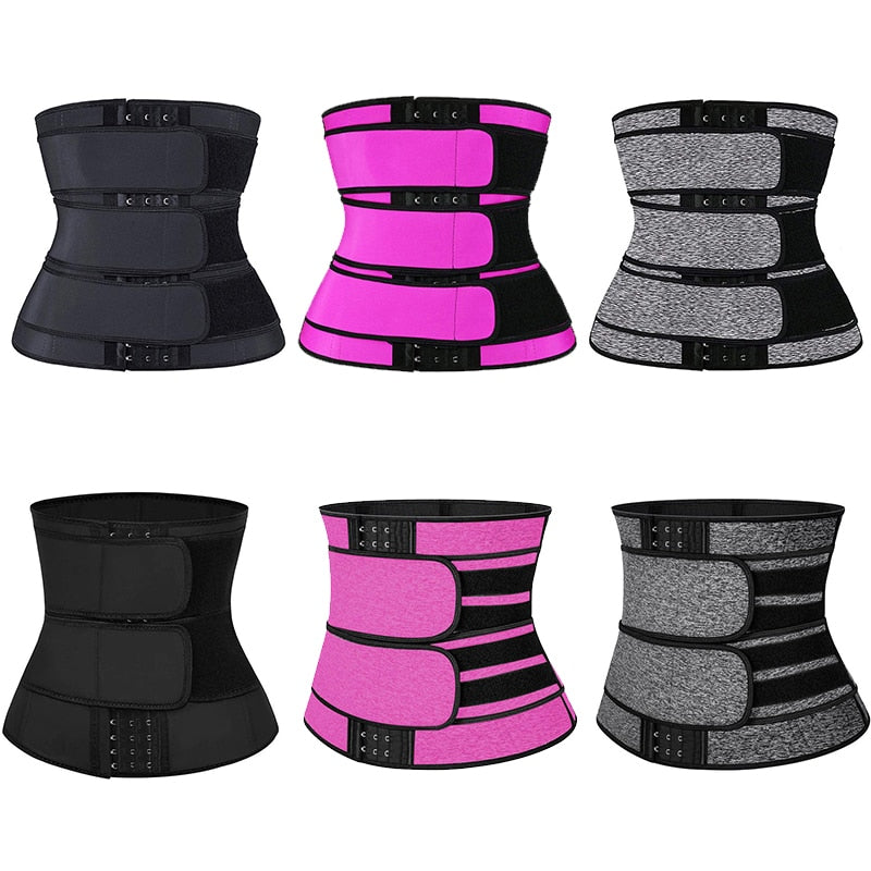 Sechs Taillenformer in Schwarz, Pink und Grau, verstellbar, für Fitness und Körperformung.