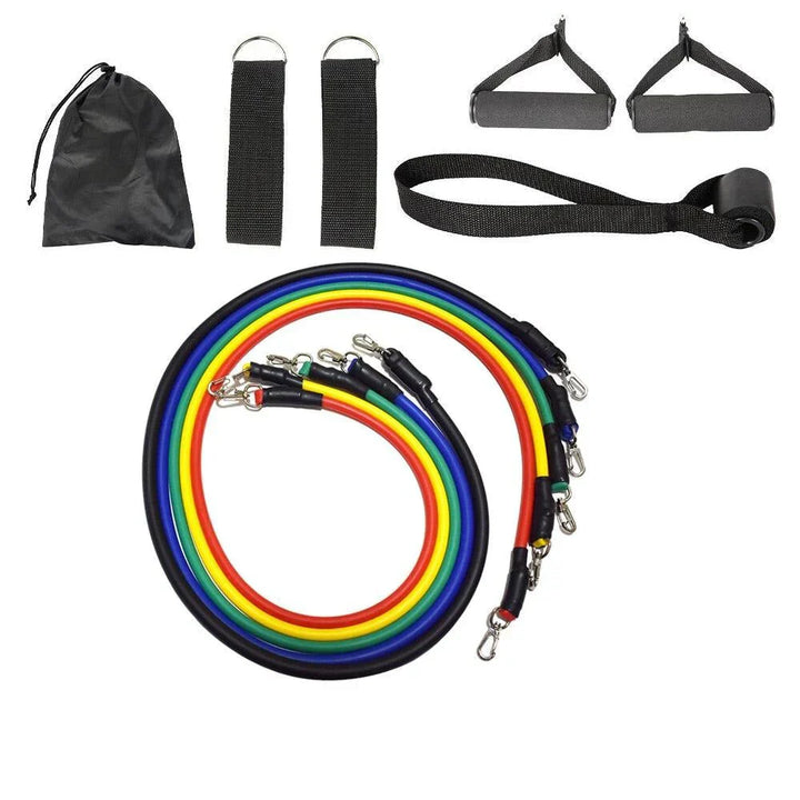 Fitness-Widerstandsbänder Set, bunt, mit Griffen und Türanker, für Heimtraining.