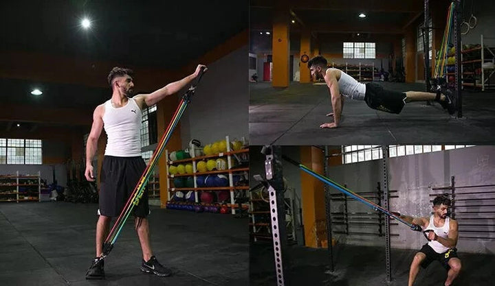 Mann trainiert mit Fitness-Widerstandsbändern im Fitnessstudio, Krafttraining, Sportbekleidung.