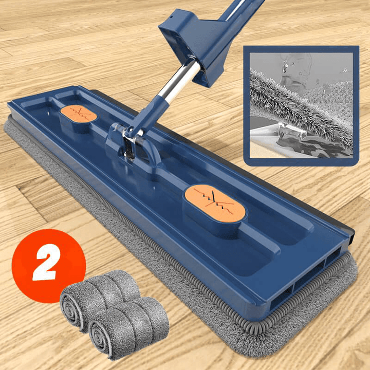 Flachmop 360° rotierend, blau, mit zwei Ersatzrollen, ideal für Bodenreinigung.