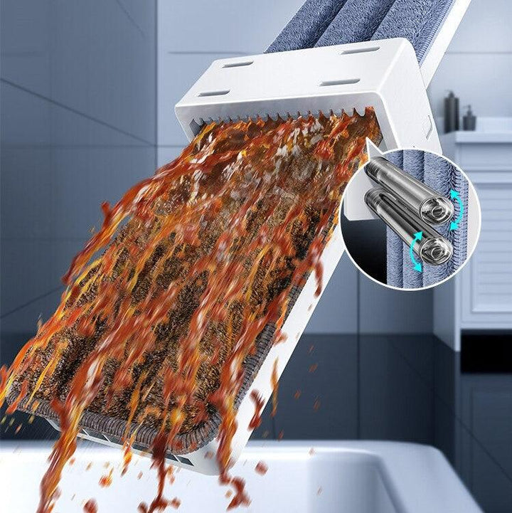Flachmop mit 360°-Drehung, grauer Mikrofaserbezug, Schmutzwasserabfluss, Badezimmerreinigung.