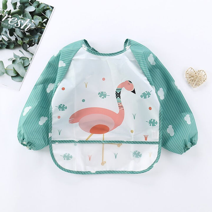 Grüner Kinderlatz mit Flamingo-Motiv, wasserdicht, langärmlig, für Kleinkinder.