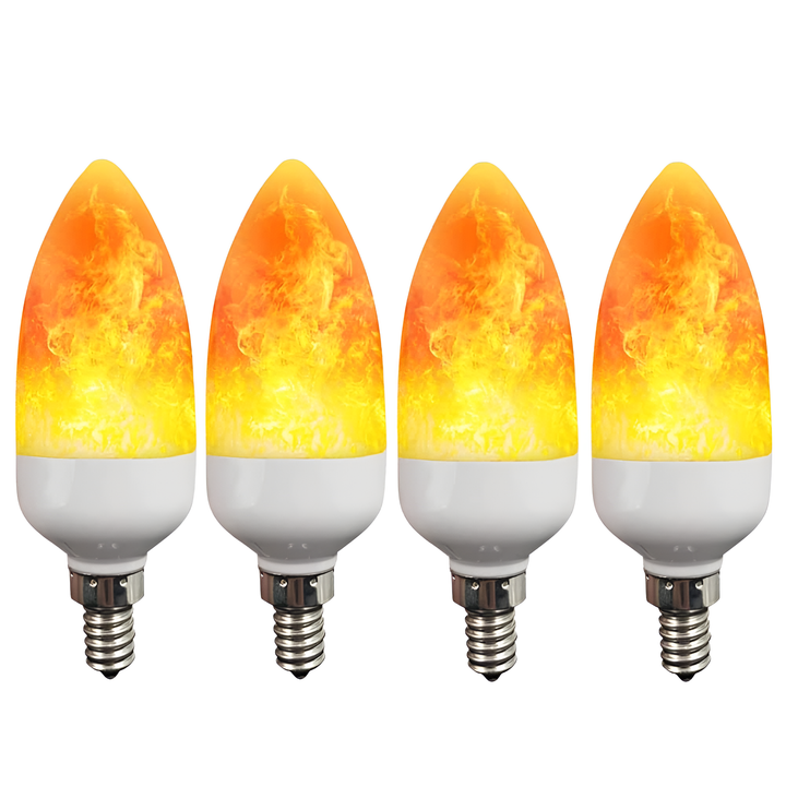 Vier LED-Flammenlampen, E14, warmweiß, energiesparend, dekorativ, für stimmungsvolle Beleuchtung.