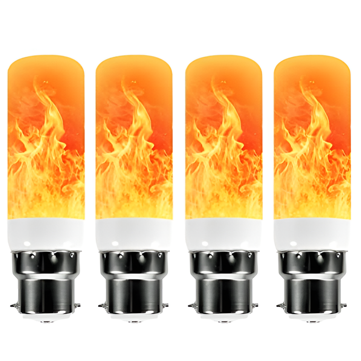 Vier LED-Flammenlampen, E27, warmweiß, energiesparend, dekorativ, für stimmungsvolle Beleuchtung.