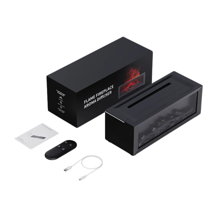 Schwarzer Aroma-Diffuser mit Flammeneffekt, USB-Kabel, Fernbedienung und Verpackung.