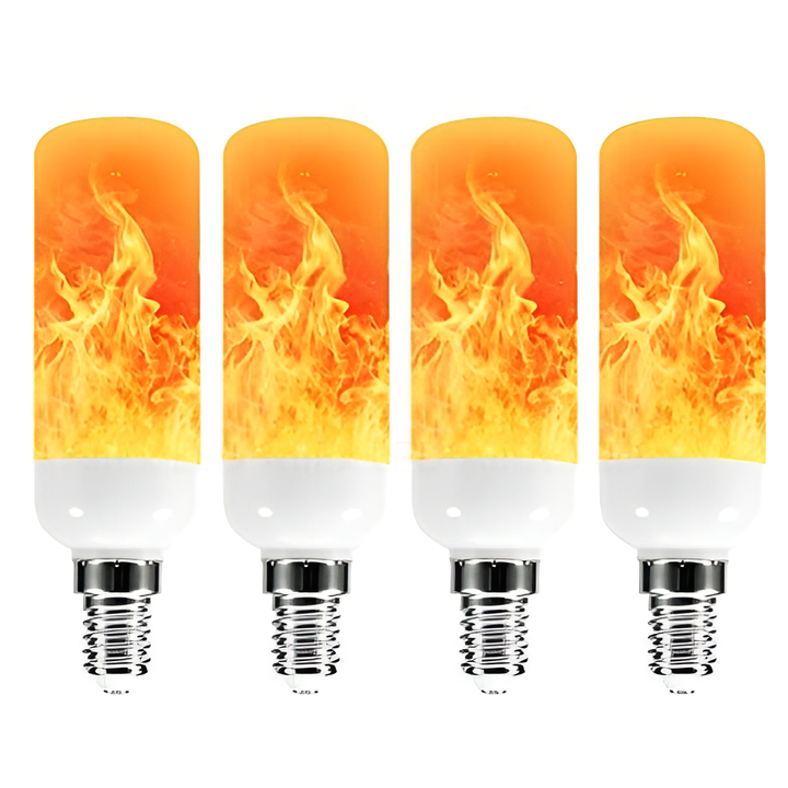 Vier LED-Flammenlampen, E27-Sockel, energiesparend, warmweiß, dekorativ.
