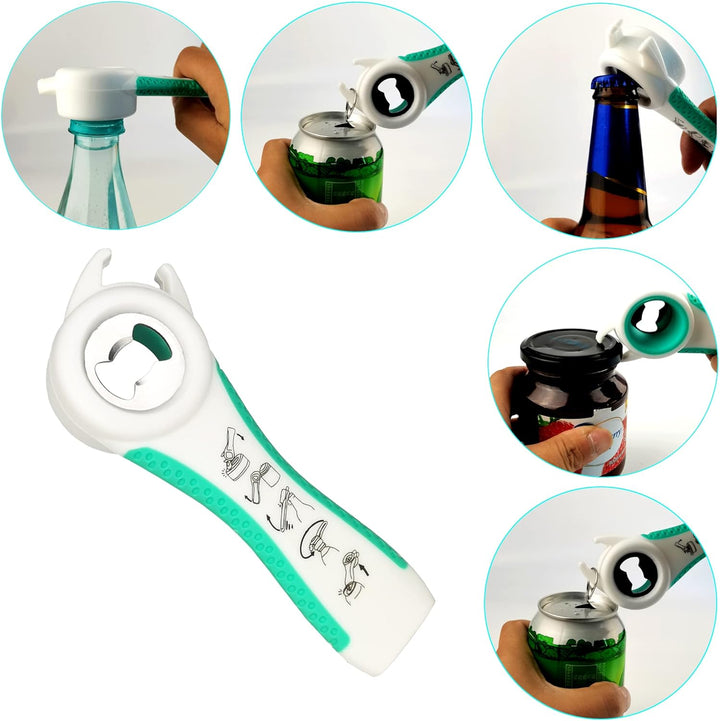 Multifunktionaler Flaschenöffner, weiß-grün, für Flaschen, Dosen, Gläser, ergonomisches Design.