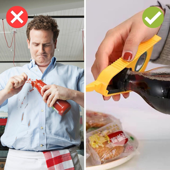 Mann verschüttet Ketchup vs. Hand mit gelbem Flaschenöffner für Sojasauce.