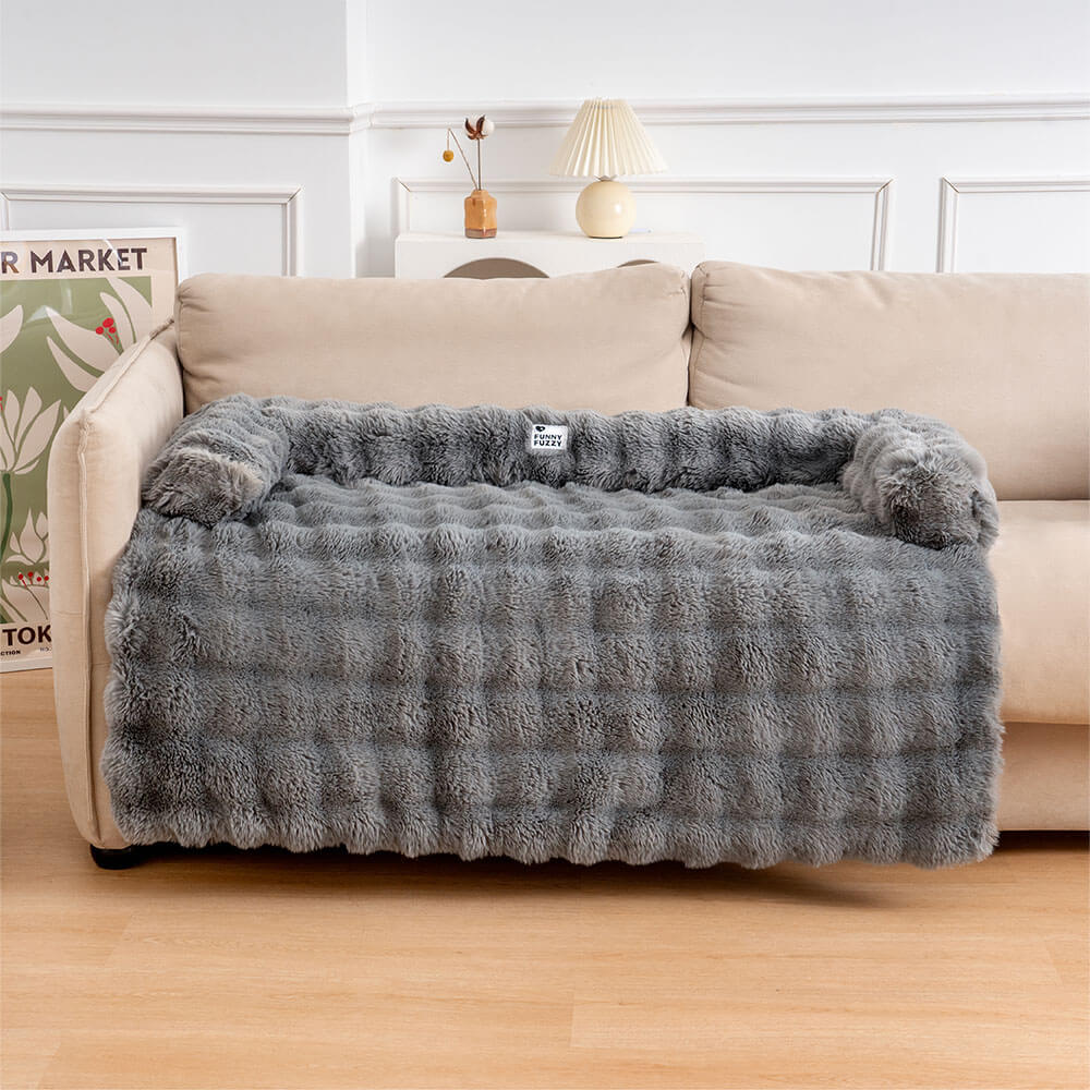 Graues, flauschiges Hundebett-Sofa-Schoner, beruhigend, aus weichem Material, Wohnzimmer.