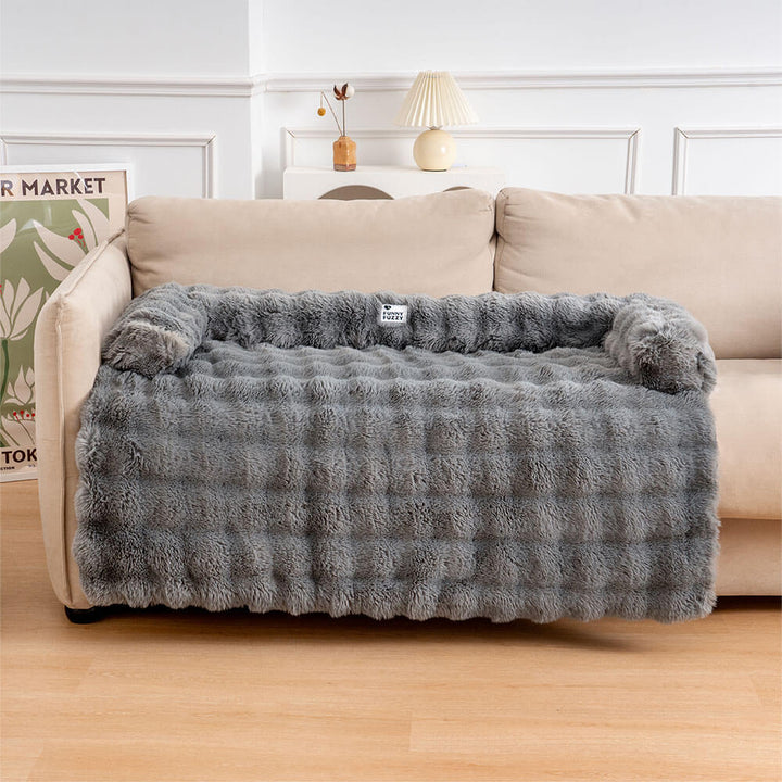 Graues, flauschiges Hundebett-Sofa-Schoner, beruhigend, aus weichem Material, Wohnzimmer.