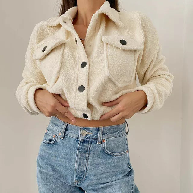 Flauschige Damenjacke, beige, langärmelig, Herbst-Winter, Streetwear, Mode, Harajuku-Stil.