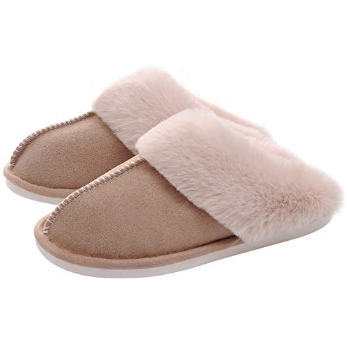 Beige Damenpantoffeln mit Plüsch, ultraweich, Memory Foam, gemütlich, rutschfest.