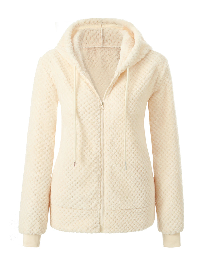 Damen Kapuzenjacke aus cremefarbenem Fleece mit Reißverschluss, warm und kuschelig.