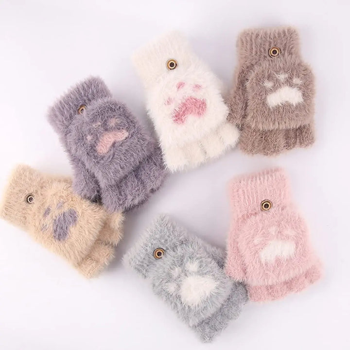 Flauschige fingerlose Handschuhe mit Katzenpfoten-Design in verschiedenen Farben.