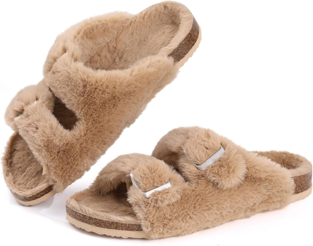 Khaki Damen Hausschuhe, flauschig, rutschfest, bequem, mit zwei Riemen, für Zuhause.