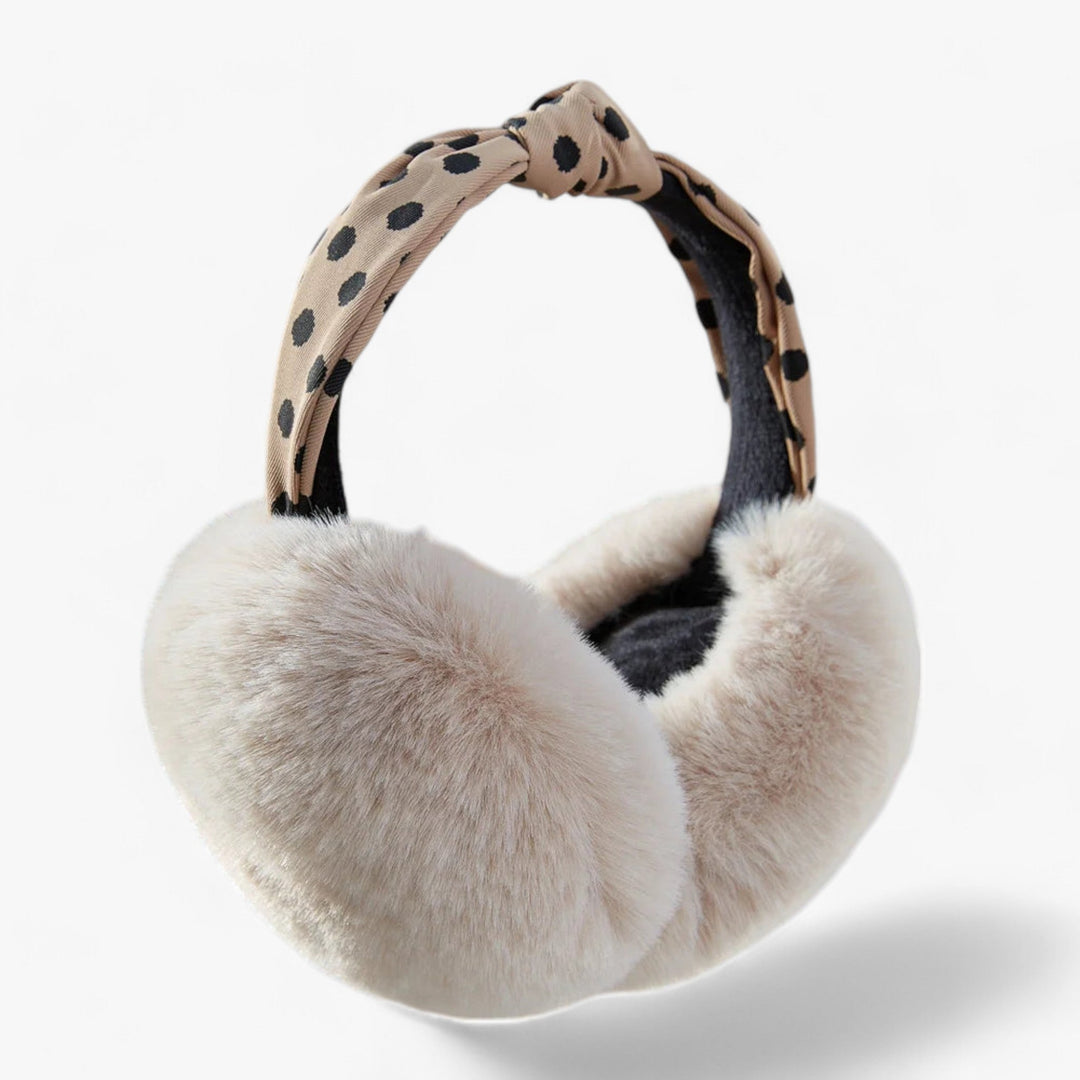 Damen Ohrenschützer, beige Kunstfell, gepunktetes Stirnband, Winteraccessoire, modisch.