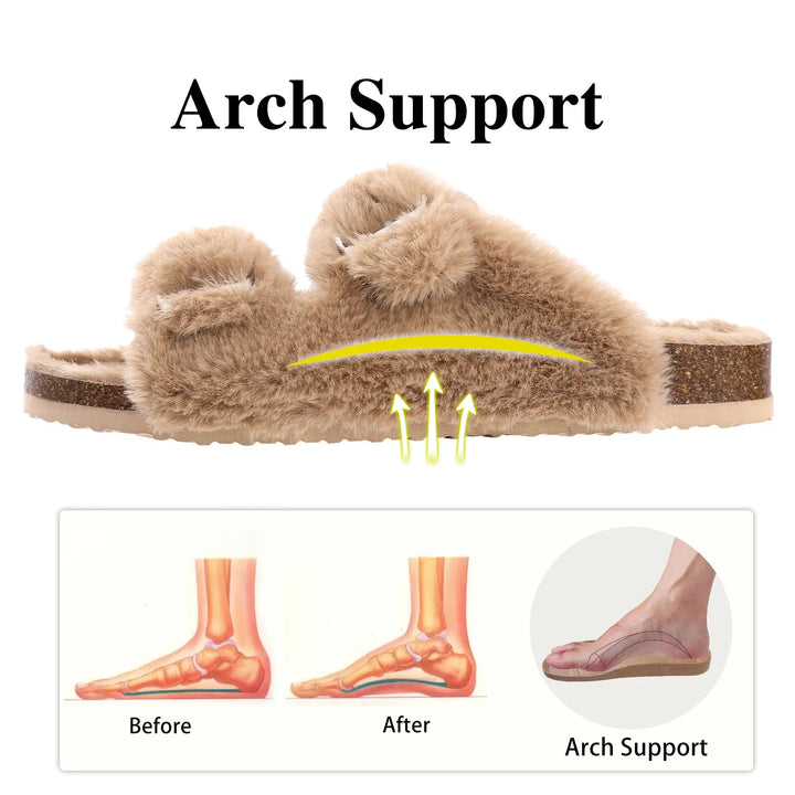 Braune Plüschsandalen mit Fußgewölbeunterstützung, ergonomisches Design, Komfortschuhe.