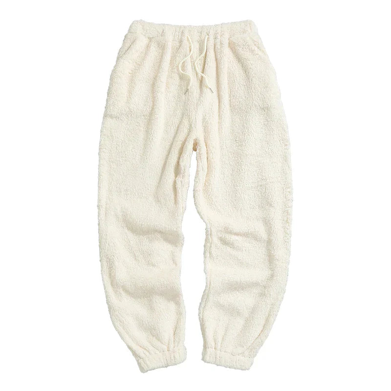 Weiße Fleece-Jogginghose, kuschelig, elastischer Bund, Damenmode, Winterkleidung.