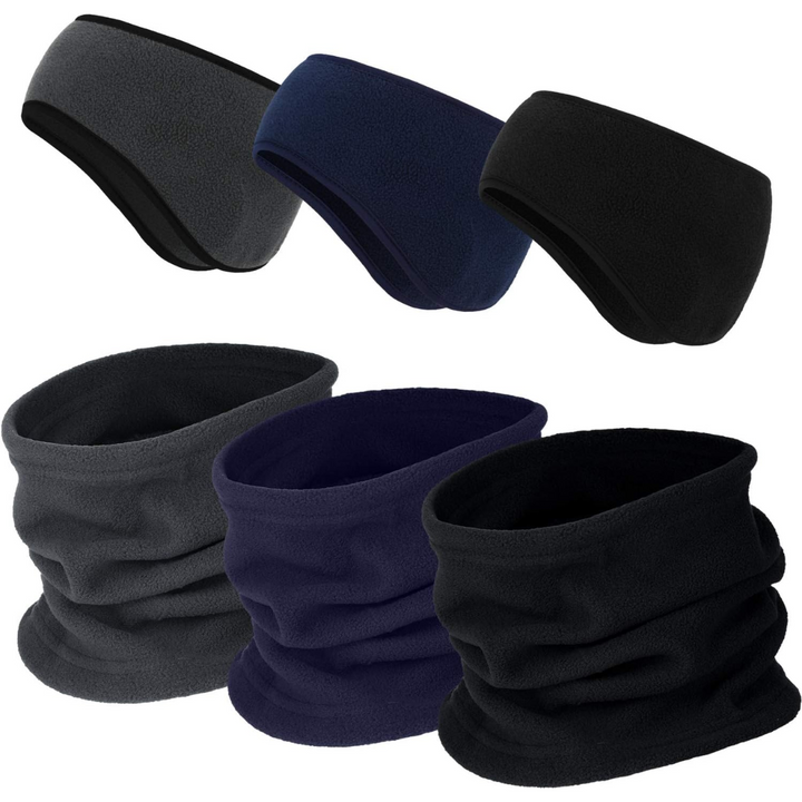 Fleece-Stirnbänder und Halswärmer Set, grau, blau, schwarz, Winteraccessoires, unisex.