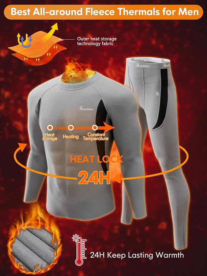 Graues Herren-Fleece-Thermo-Set, wärmespeichernd, langärmelig, atmungsaktiv.