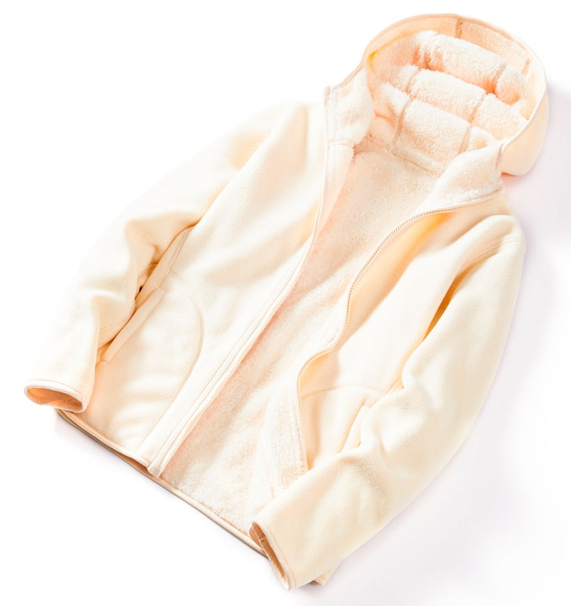 Beige Damen Fleecejacke mit Kapuze, Reißverschluss, warm, weich, Wintermode, Outdoor-Bekleidung.