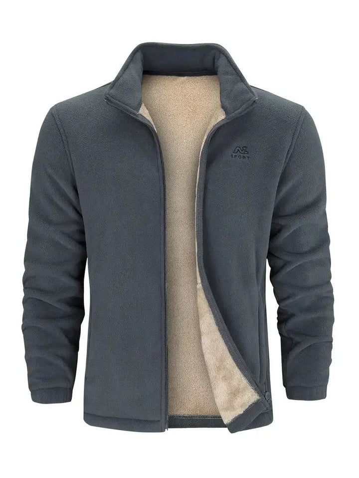 Graue Herren-Fleecejacke mit Reißverschluss, warmes Innenfutter, ideal für Outdoor-Aktivitäten.