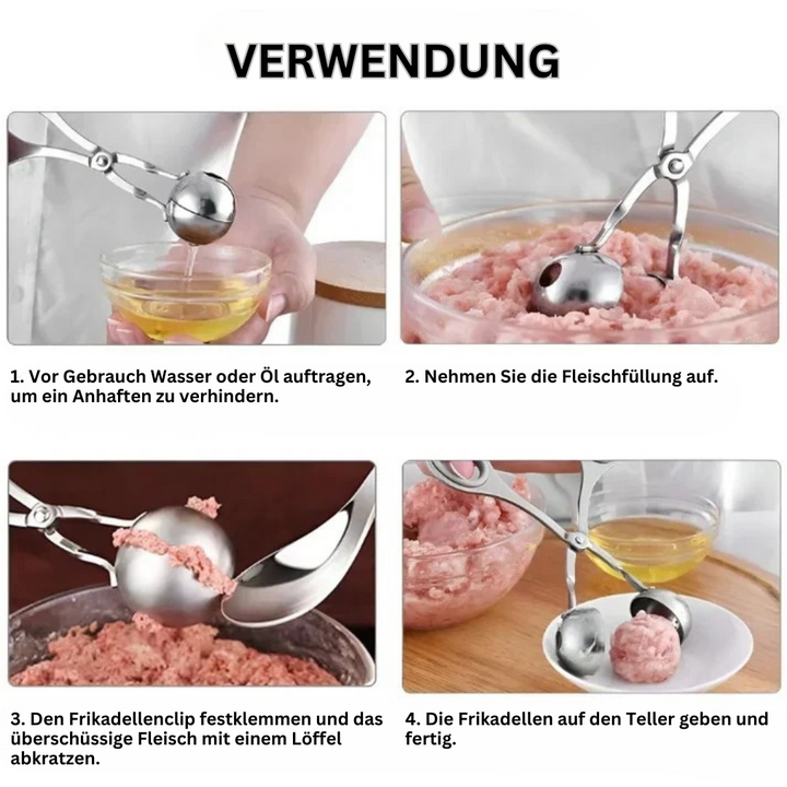 Frikadellenformer aus Edelstahl, Fleischbällchenzange, Küchenwerkzeug für gleichmäßige Portionen.
