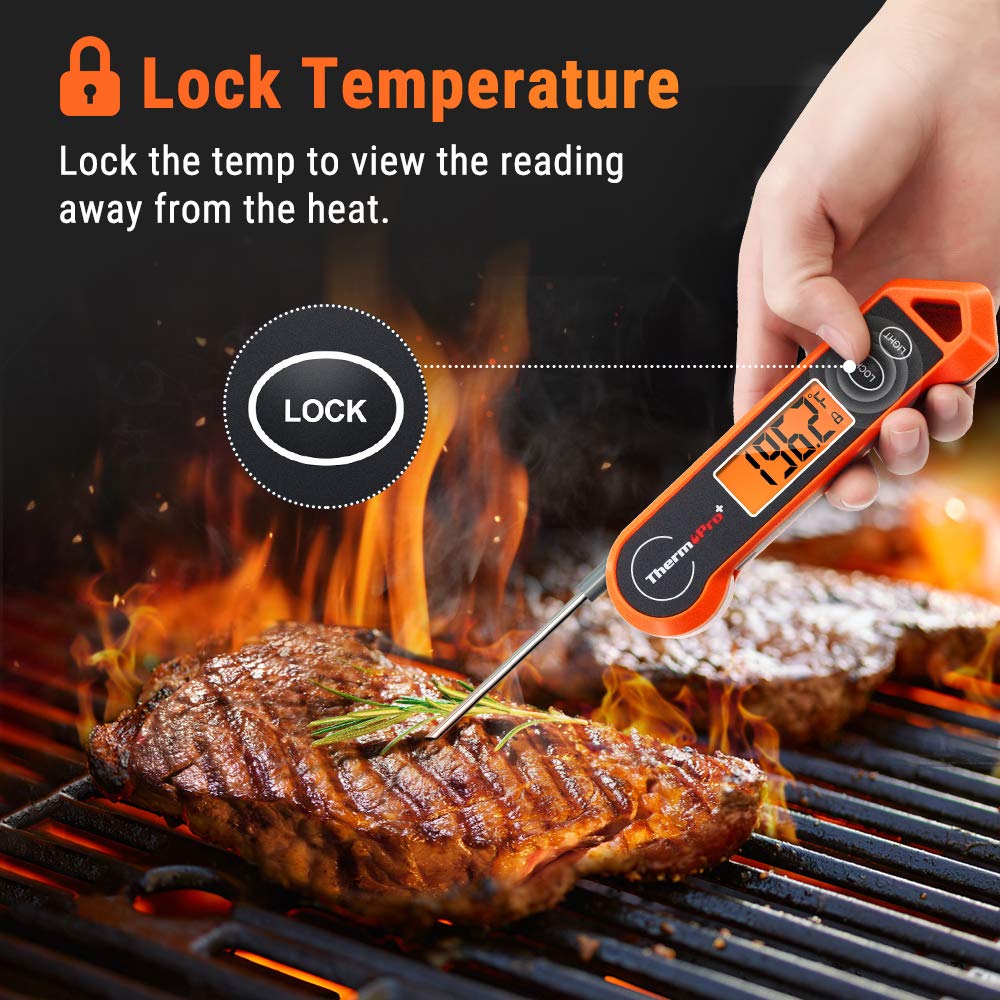 Digitales Fleischthermometer, orange, für Grill, mit Temperaturanzeige, hitzebeständig.