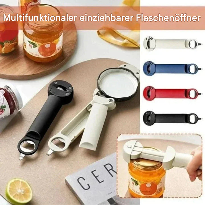 Multifunktionaler einziehbarer Flaschenöffner, schwarz, weiß, rot, blau, Küche, Werkzeug.