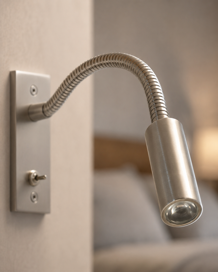 Detail lampy v matném niklovém provedení: spirálově vroubkovaný krk, obdélníková destička a páčkový vypínač na zdi. 7