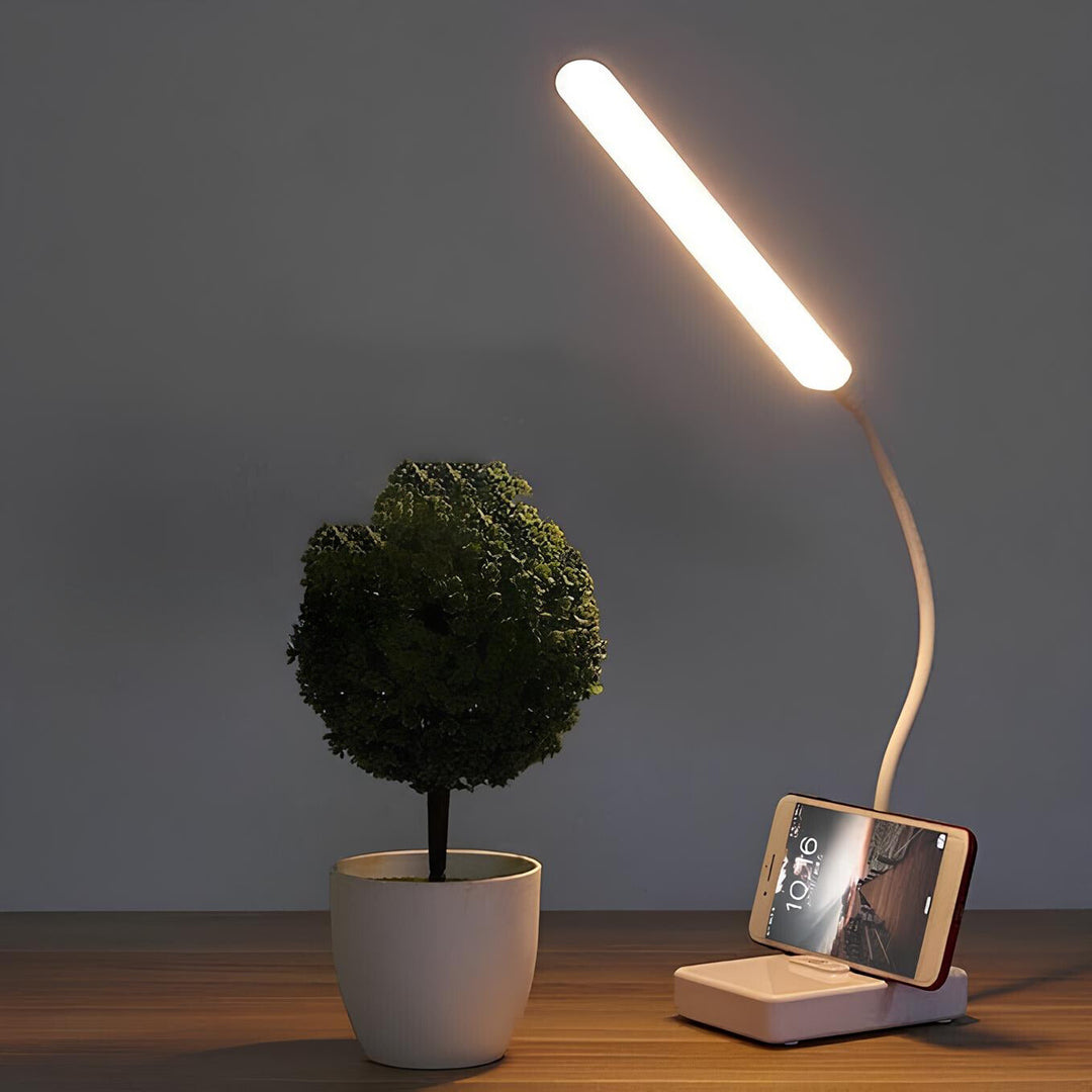 LED-Schreibtischlampe mit flexiblem Hals, Handyhalter, modernes Design, energiesparend.