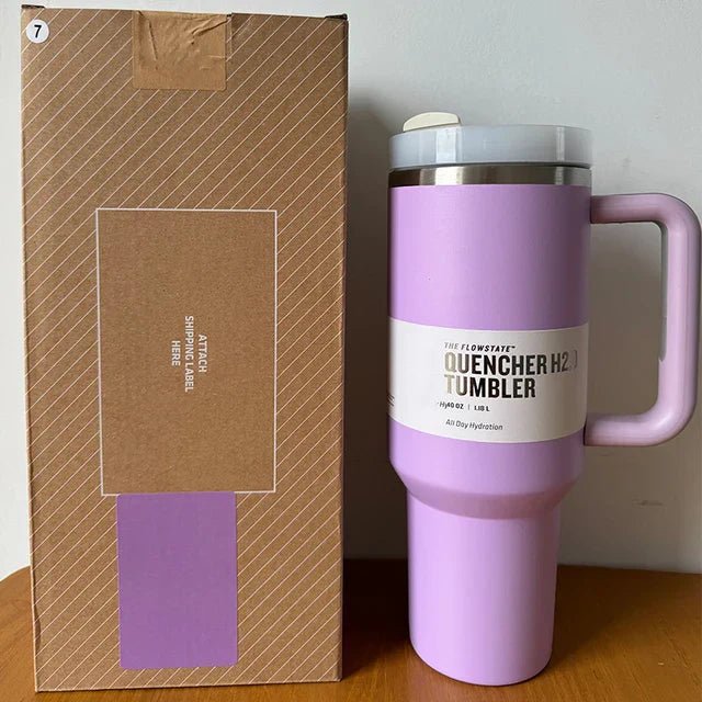 Lila Thermobecher mit Griff, Edelstahl, 1,2L, doppelwandig, ideal für heiße und kalte Getränke.
