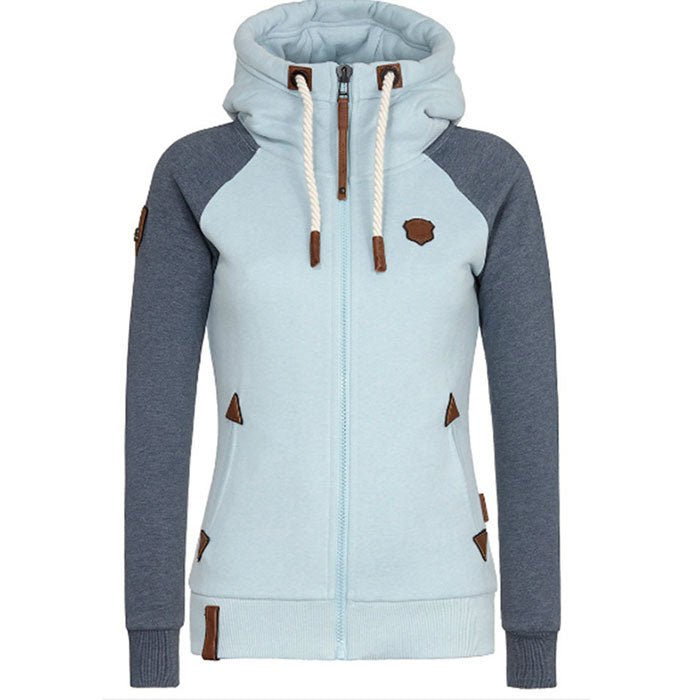Damen Kapuzenjacke, hellblau-grau, Reißverschluss, Kordelzug, modern, bequem, Freizeitmode.