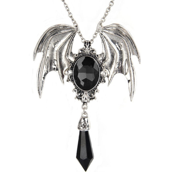 Silberne Fledermausflügel-Halskette mit schwarzem Kristallanhänger, gotischer Schmuck.