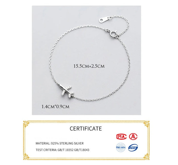 Silberarmband mit Flugzeuganhänger, 925er Sterlingsilber, 15,5 cm Länge, elegantes Design.