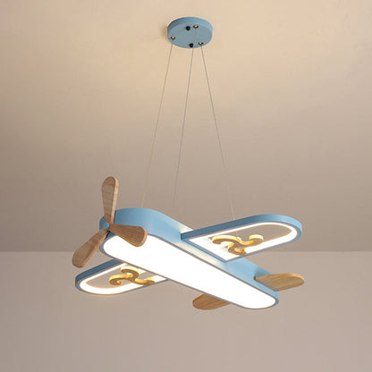 Blaue Flugzeug-Deckenleuchte für Kinderzimmer, LED, Holzpropeller, modernes Design.