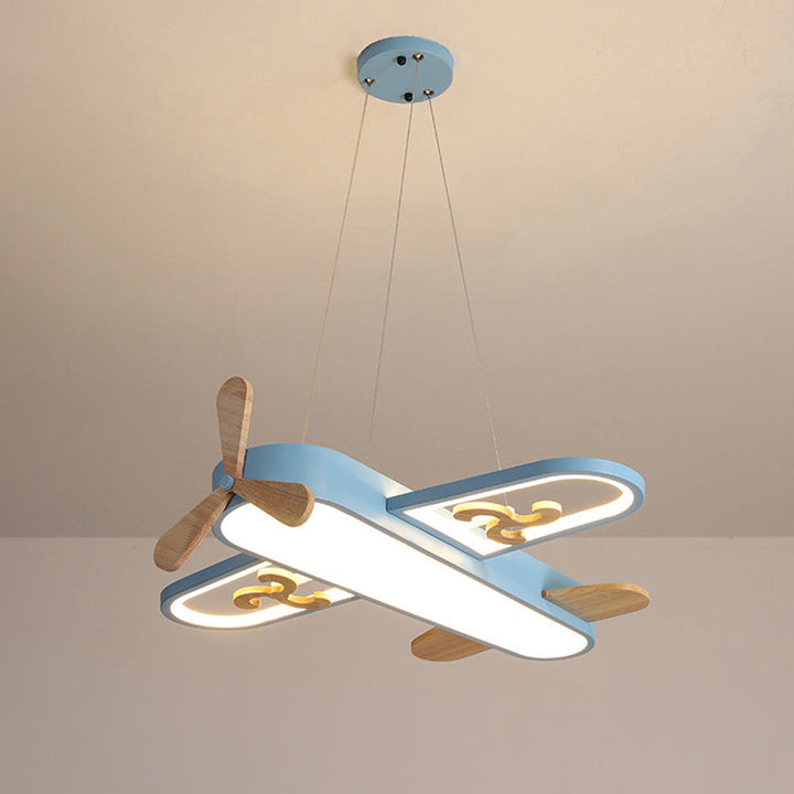 Blaue Flugzeug-Deckenleuchte für Kinderzimmer, LED, Holzpropeller, modernes Design.