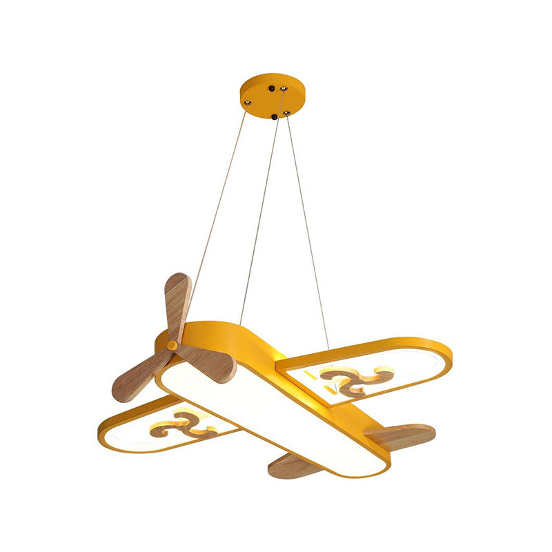 Gelbe Flugzeug-Deckenleuchte für Kinderzimmer, Holzoptik, LED, modernes Design.