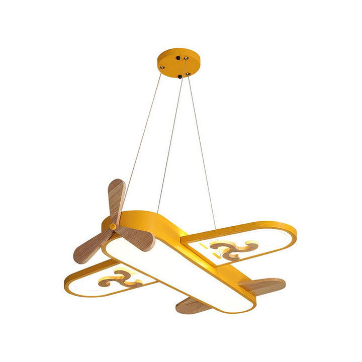 Gelbe Flugzeug-Deckenleuchte für Kinderzimmer, Holzoptik, LED, modernes Design.