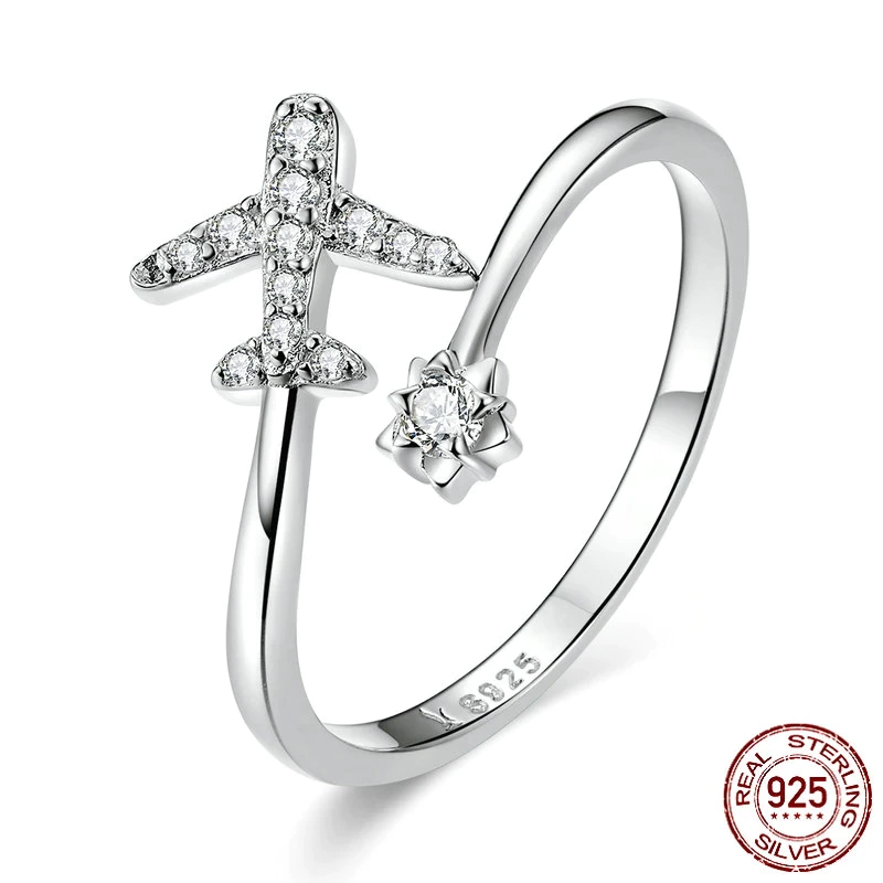 Silberring mit Flugzeug-Design, Zirkonia-Steinen, 925 Sterling Silber, Damen-Schmuck.