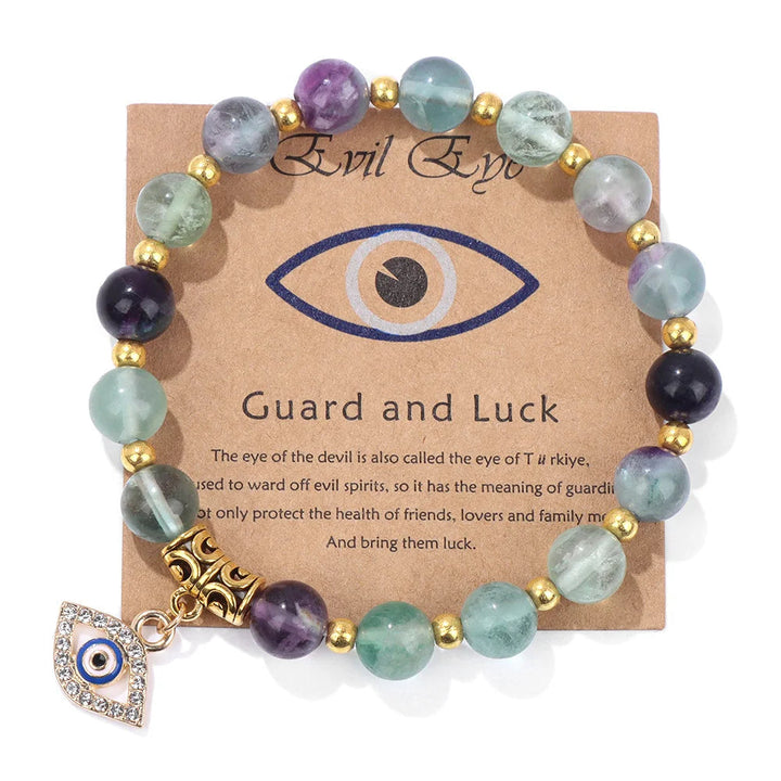 Fluorit-Armband mit goldenen Perlen und Nazar-Anhänger, Schutz und Glück, Edelstein-Schmuck.