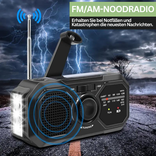 Schwarzes FM/AM-Noodradio mit Kurbel, LED-Taschenlampe, Notfallradio, tragbar, wetterfest.