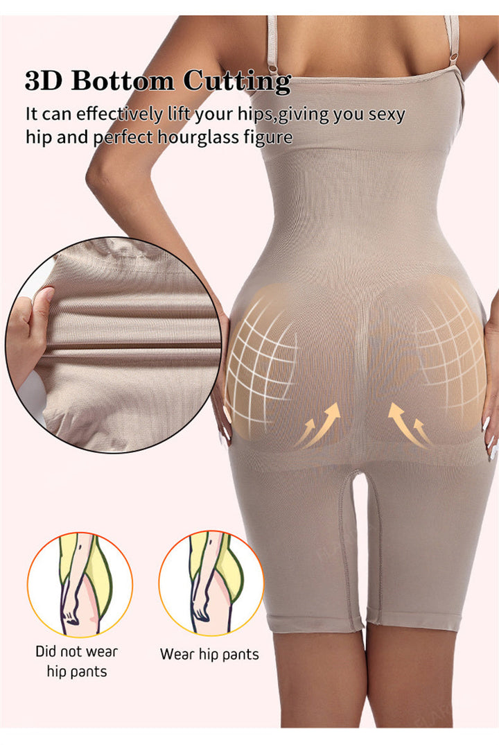 Beige Shapewear mit 3D-Schnitt, hebt Hüften, formt Sanduhrfigur, nahtloser Body Shaper.