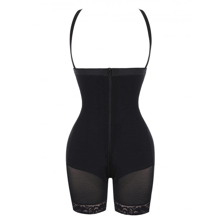 Schwarzer Shapewear-Body mit Spitze, figurformend, verstellbare Träger, Reißverschluss vorne.