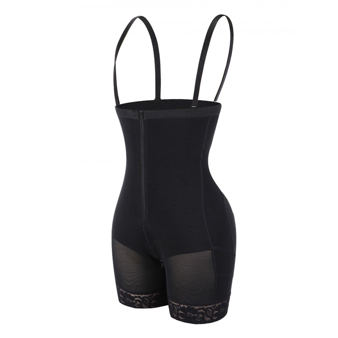 Schwarzer Shapewear-Body mit Trägern, Reißverschluss, Spitzenbesatz, figurformend.